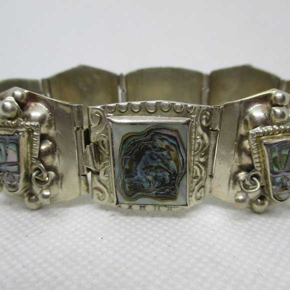 ABALONE MEXICAN SILVER Panel Bracelet Abalone Masks Rectangles Marked Mexico - Picture 10 of 15